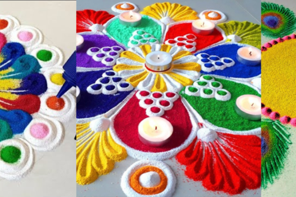 Easy rangoli designs for sarswati puja - चूड़ी और चमच्च से बनाये सरस्वतीपूजा के लिये आसान सा डिजाइन