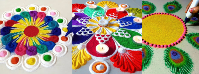 Easy rangoli designs for sarswati puja – चूड़ी और चमच्च से बनाये सरस्वतीपूजा के लिये आसान सा डिजाइन